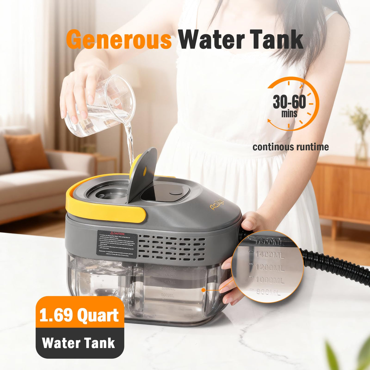 High-pressure steam output from the Aculya Life cleaner to tackle stubborn grime.