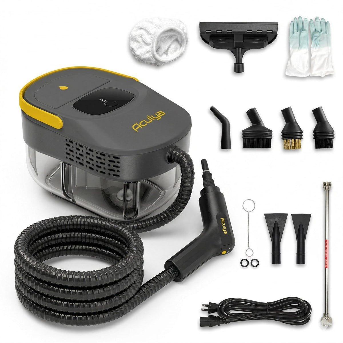 Aculya Life handheld steam cleaner showing the large 1.69-quart tank for long cleaning sessions.