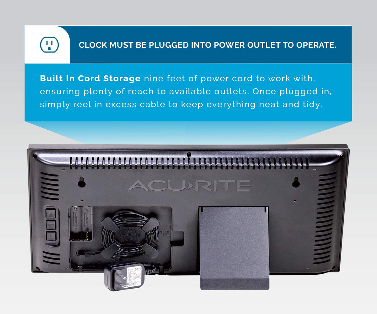 AcuRite integrated cord storage keeps cords tidy behind the clock.