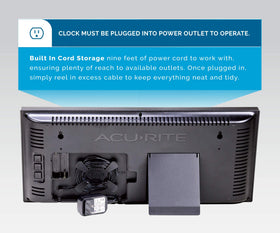 AcuRite integrated cord storage keeps cords tidy behind the clock.