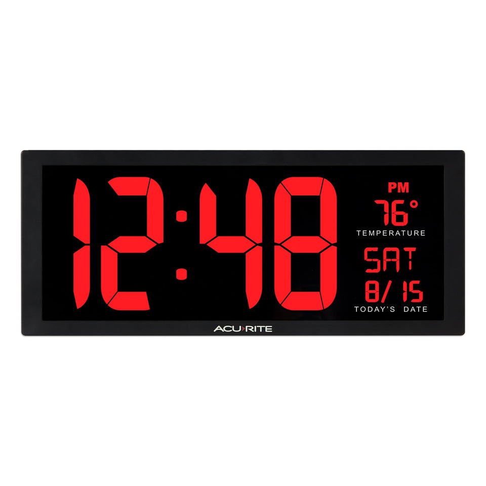 AcuRite oversized wall clock display with bold red LED digits for easy viewing.