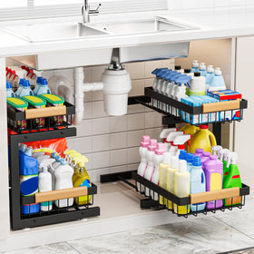 ADBIU under-sink organizer with umbrella expansion showing adjustable height for tight cabinets