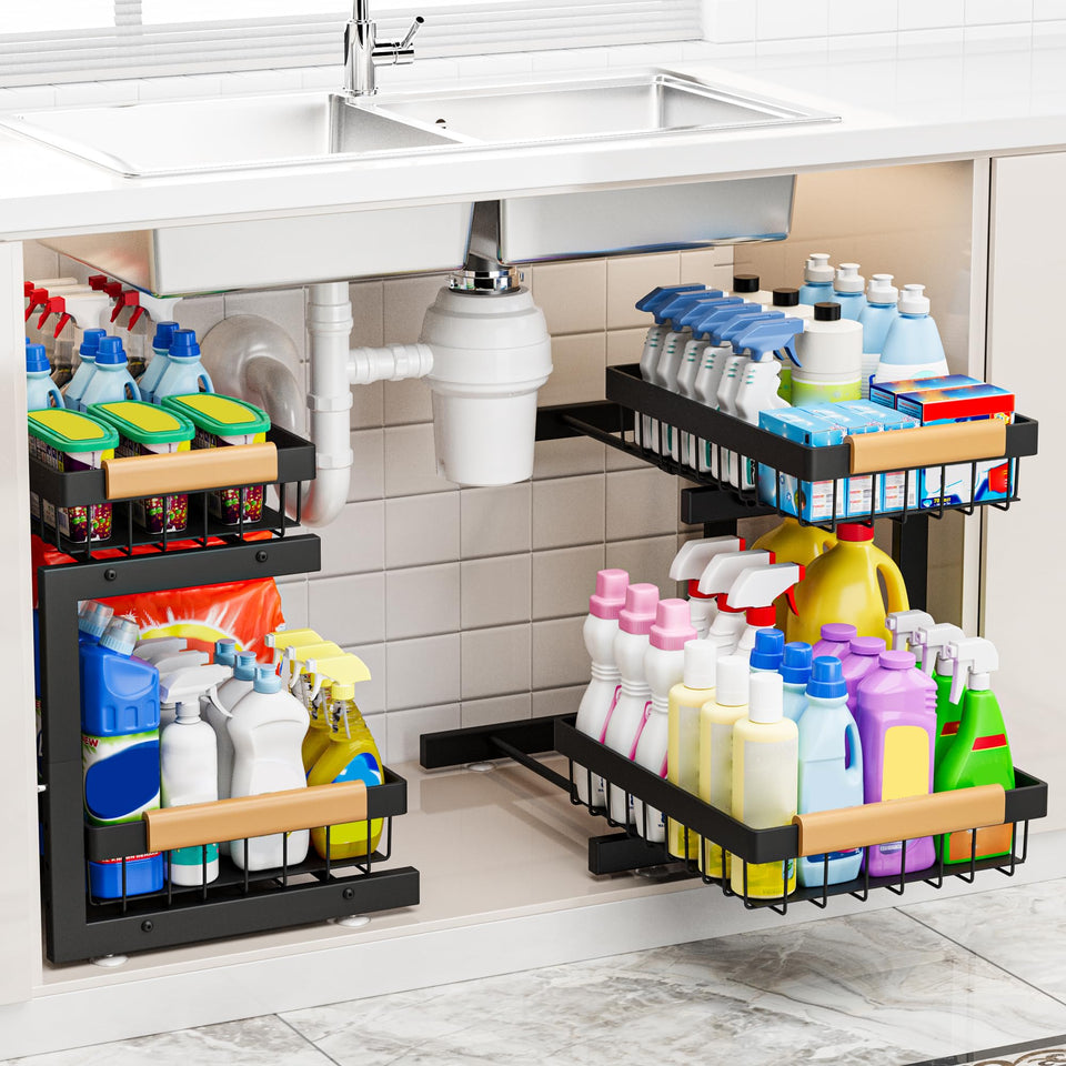 ADBIU under-sink organizer with umbrella expansion showing adjustable height for tight cabinets