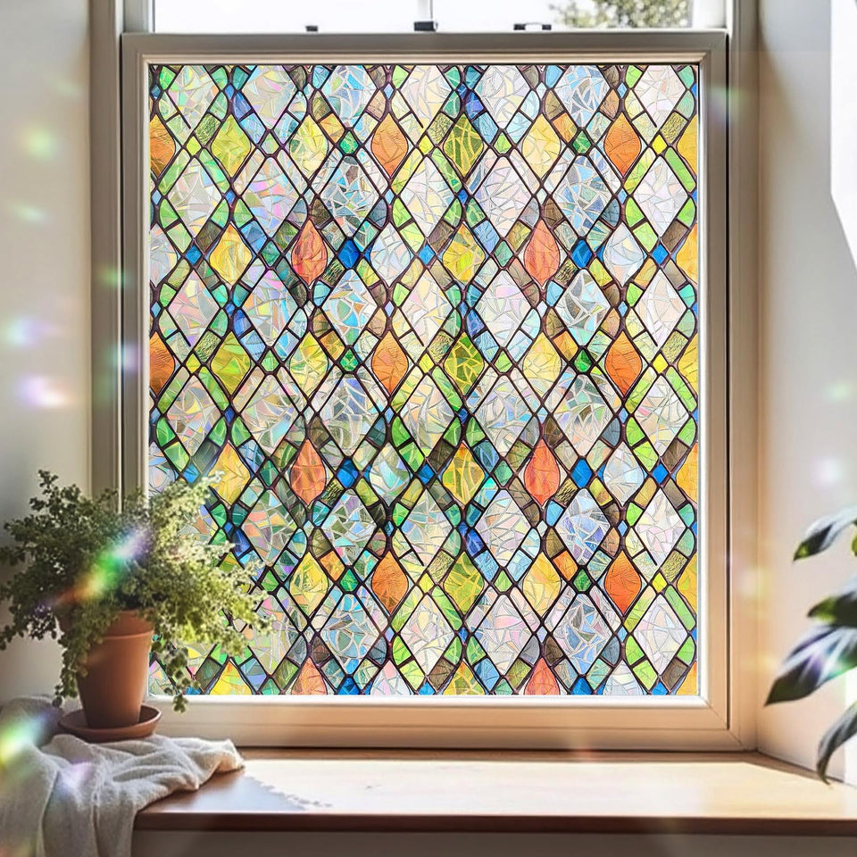 ADD.HERES Rainbow Crystal Shards window film enhances privacy with rainbow light diffusion.