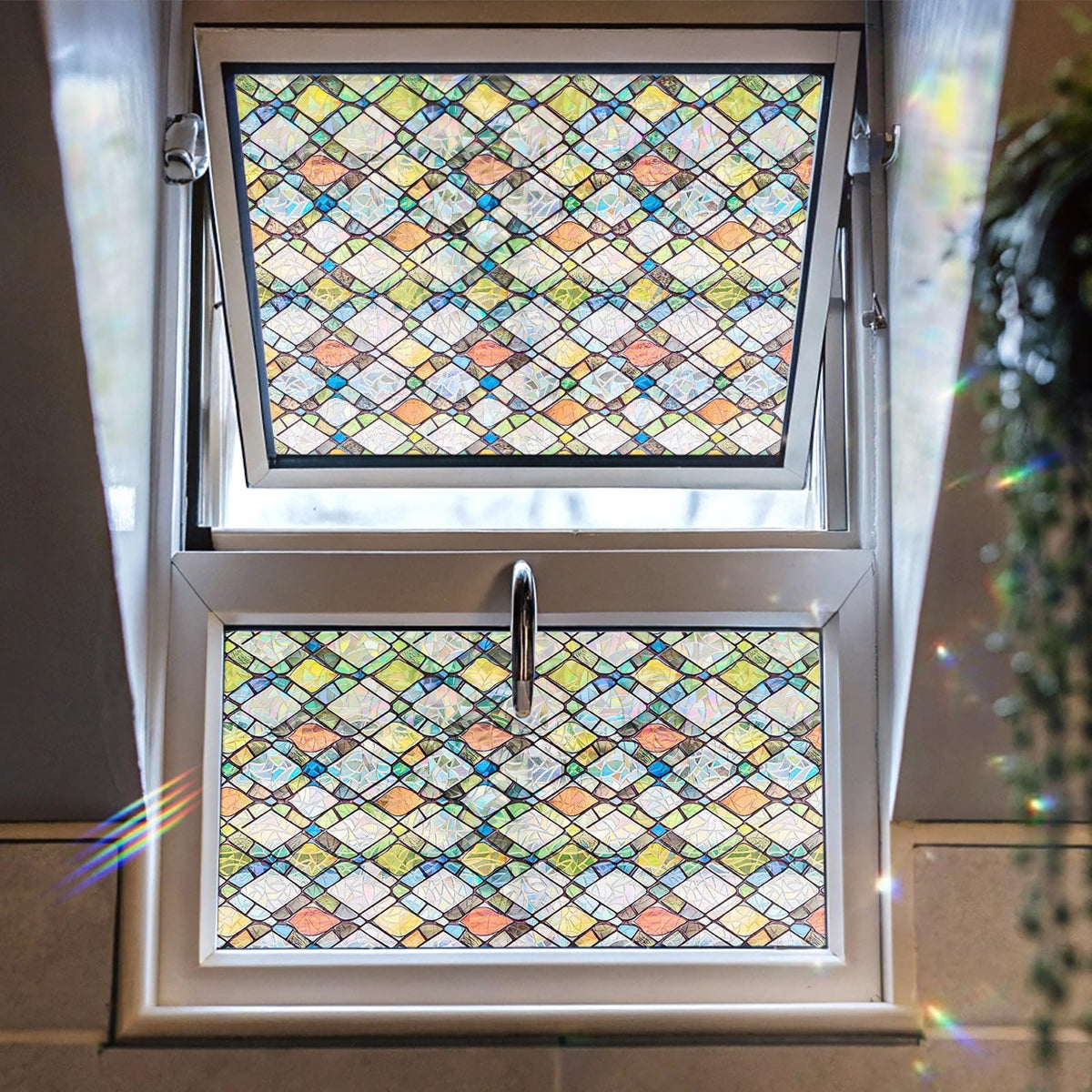 ADD.HERES Rainbow Crystal Shards window film adds a stained-glass effect to any window.