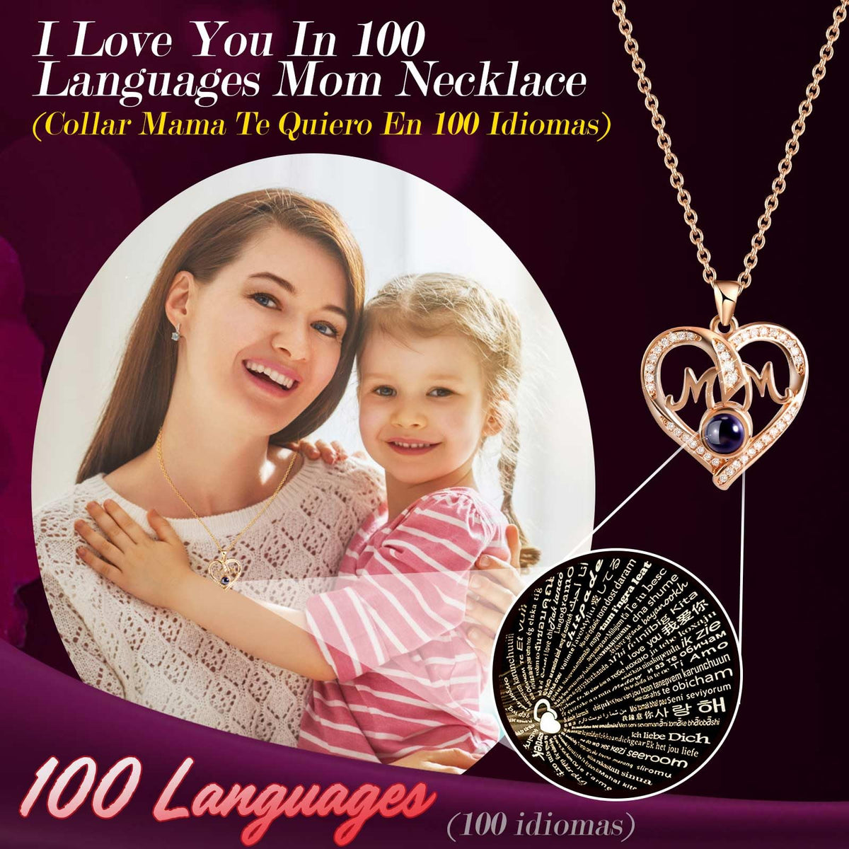 ADDWel Heart Necklace with hidden multilingual message for a magical reveal