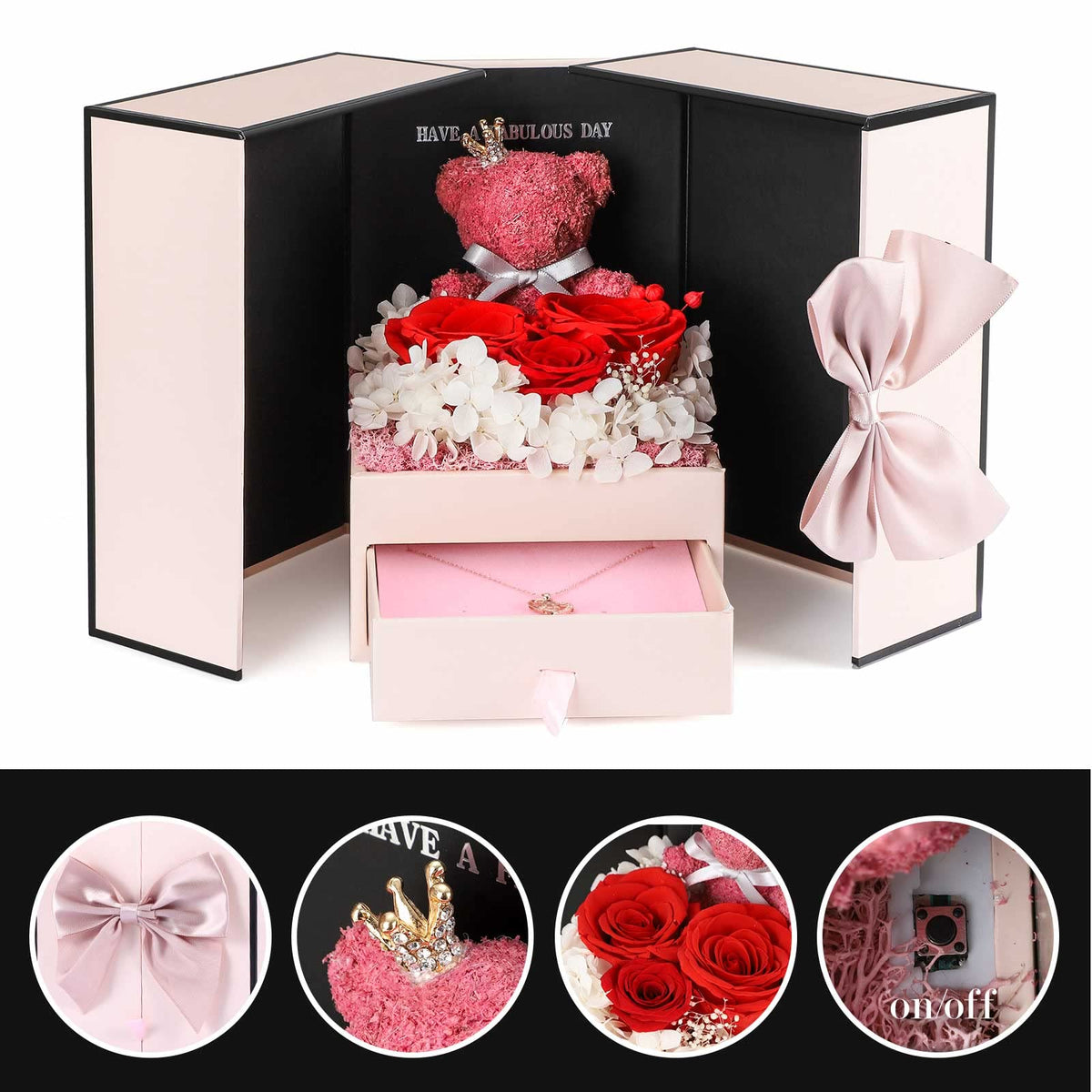 ADDWel moss bear accent beside preserved rose for decorative charm.