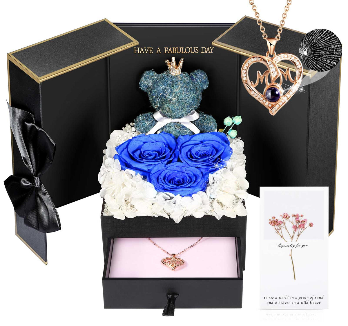 ADDWel preserved blue rose necklace shows enduring beauty for mom.