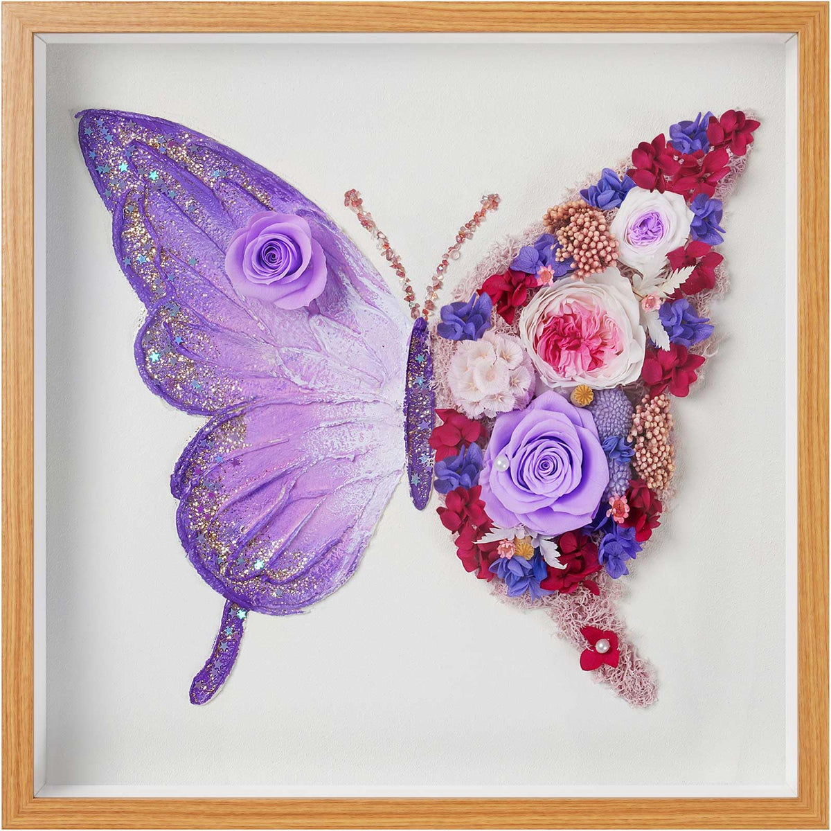 ADDWel preserved rose butterfly shadow box front view, enduring wall art for living room decor.