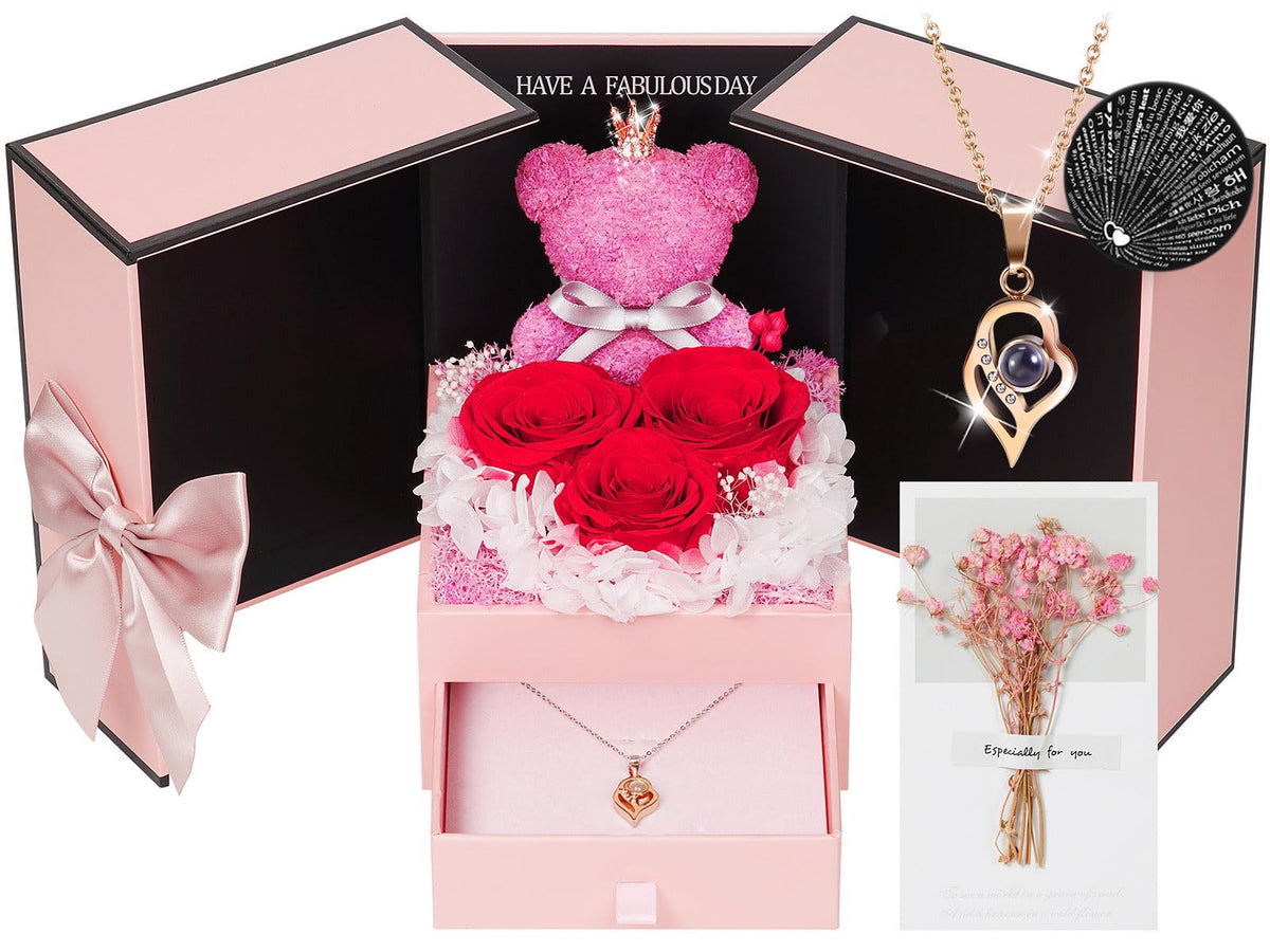 ADDWel preserved rose gift heart with moss bear, a charming keepsake for her