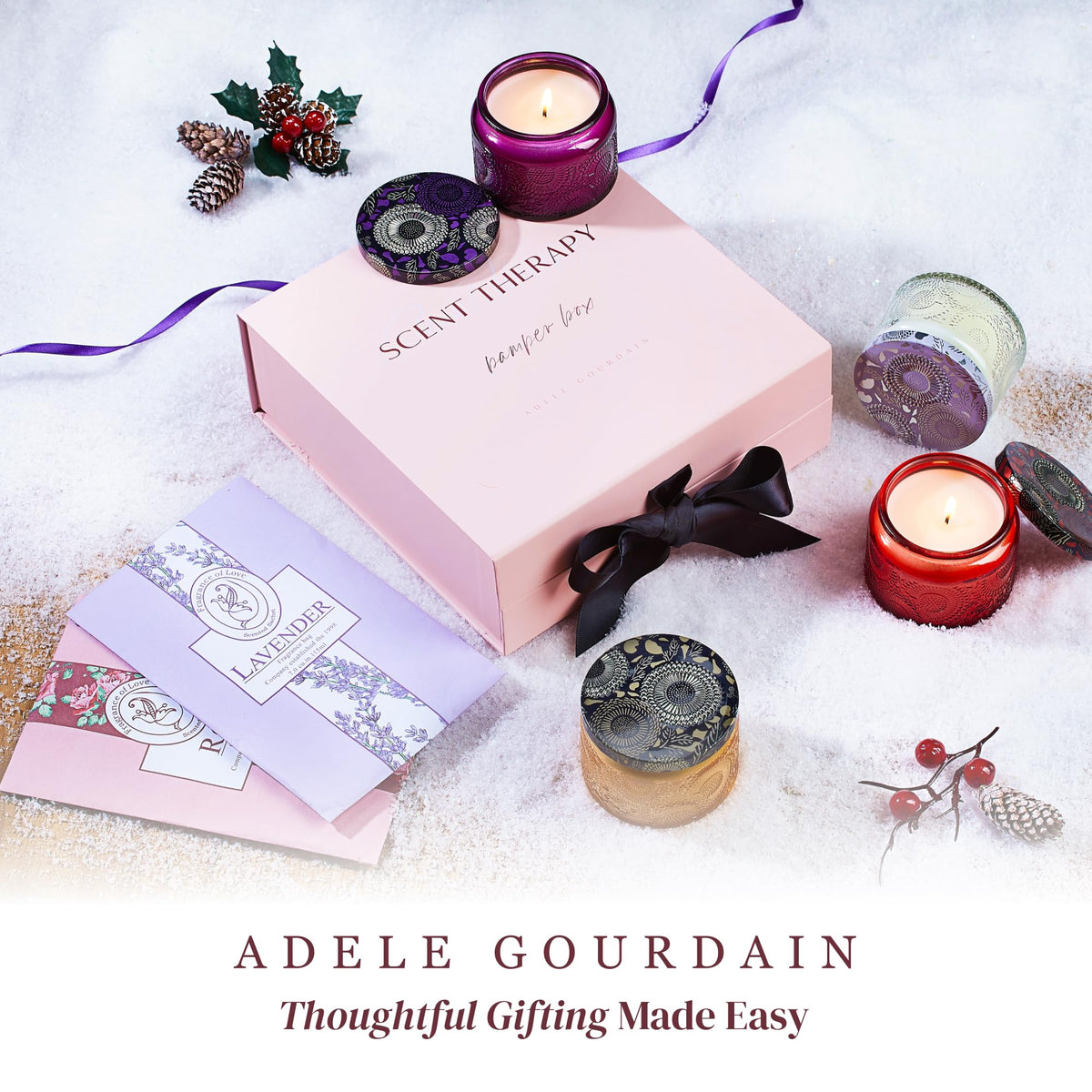 adelegourdain scented candle set packaging with ribbon for gifting.