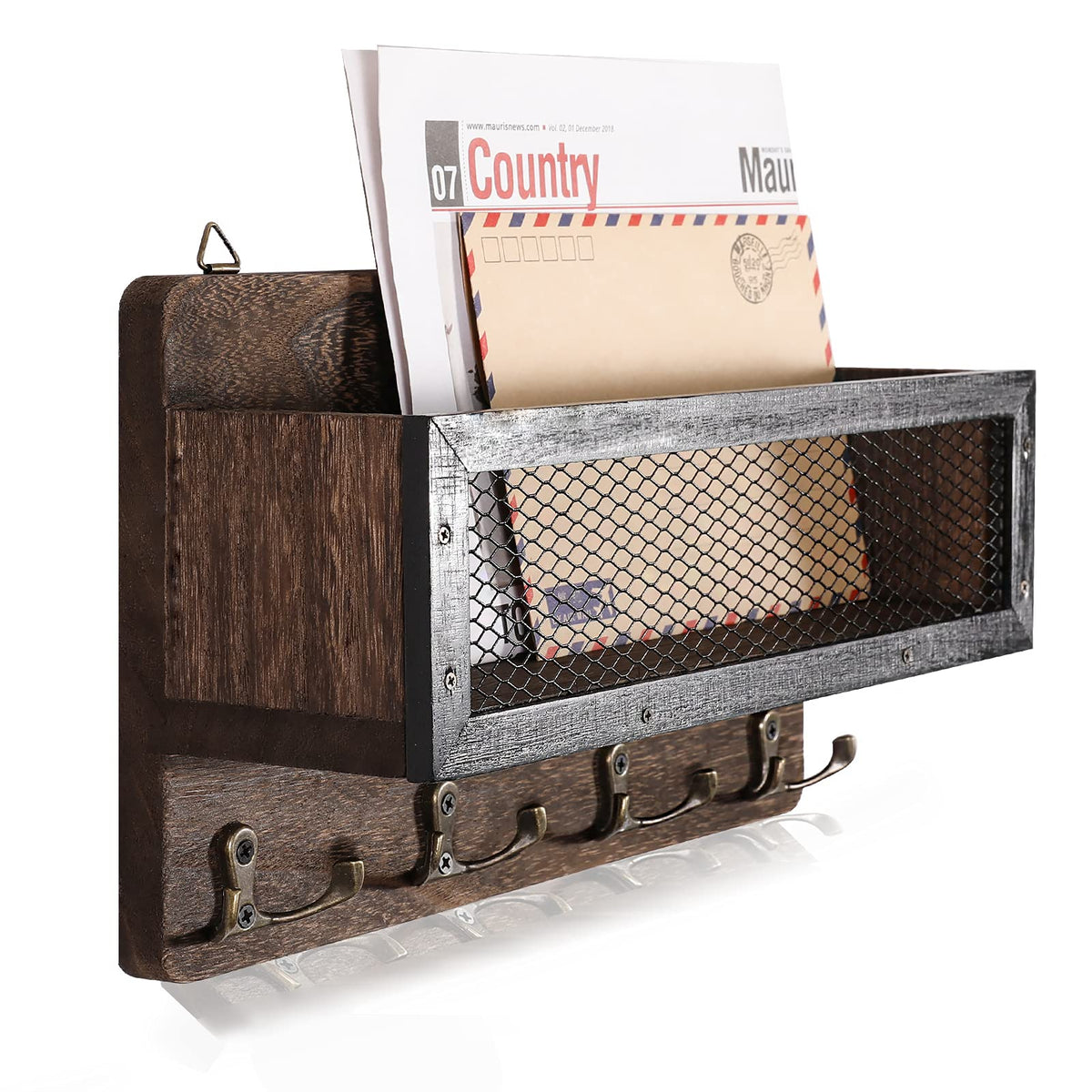 ADIIL mail and key holder mounted on wood wall for entryways.