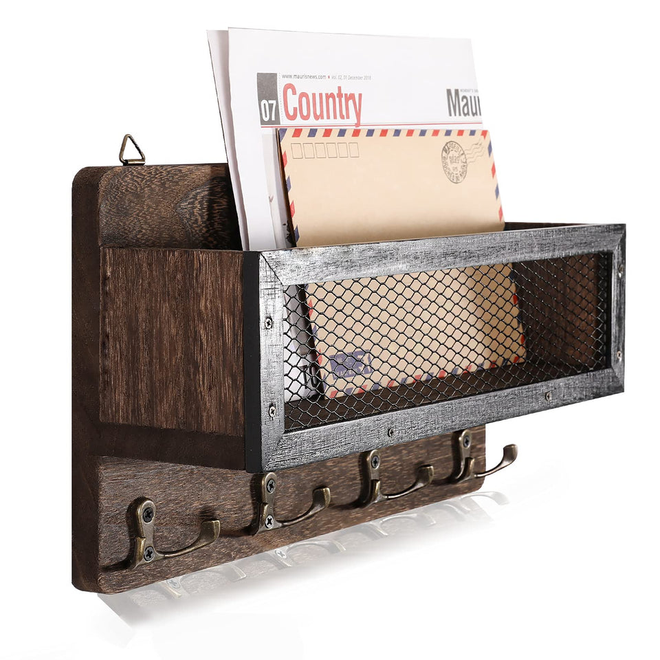 ADIIL mail and key holder mounted on wood wall for entryways.
