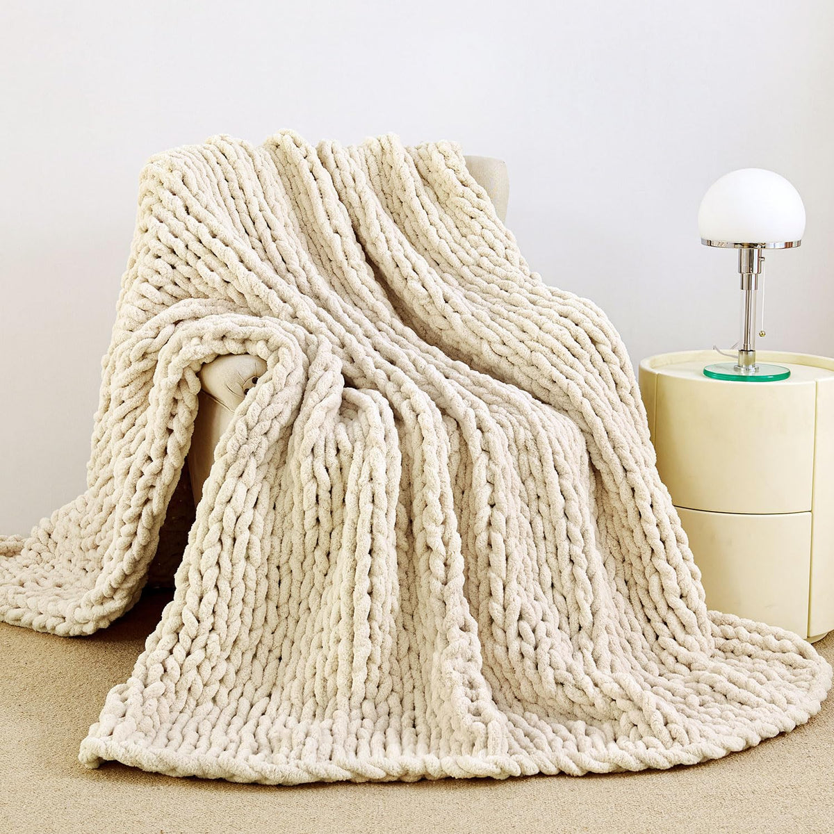 Admitrack chunky-knit blanket Ivory closeup highlighting soft chenille texture for cozy comfort.