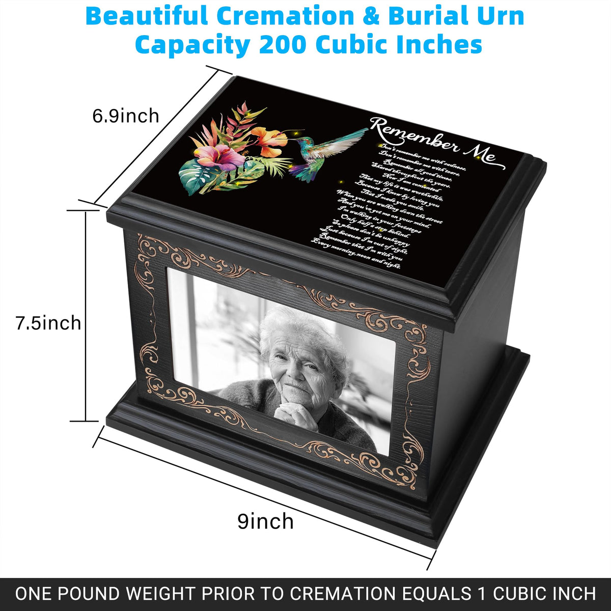 ADMLC urn dimensions 9x6.9x7.5 inches for adult ashes.