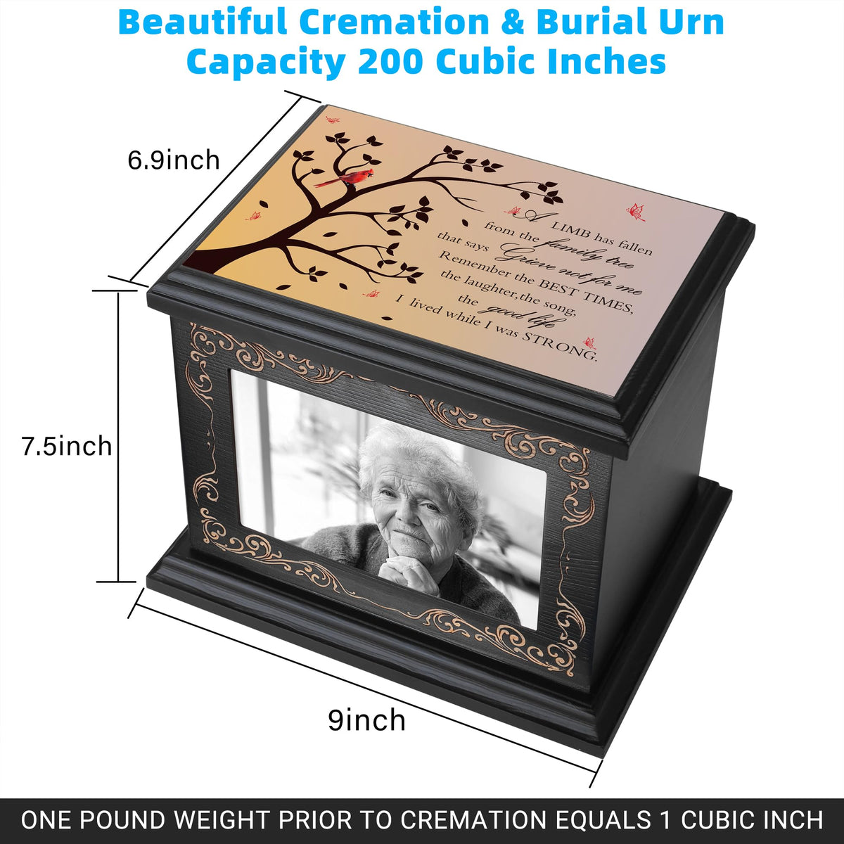 ADMLC cremation urn front view showing natural pine finish.