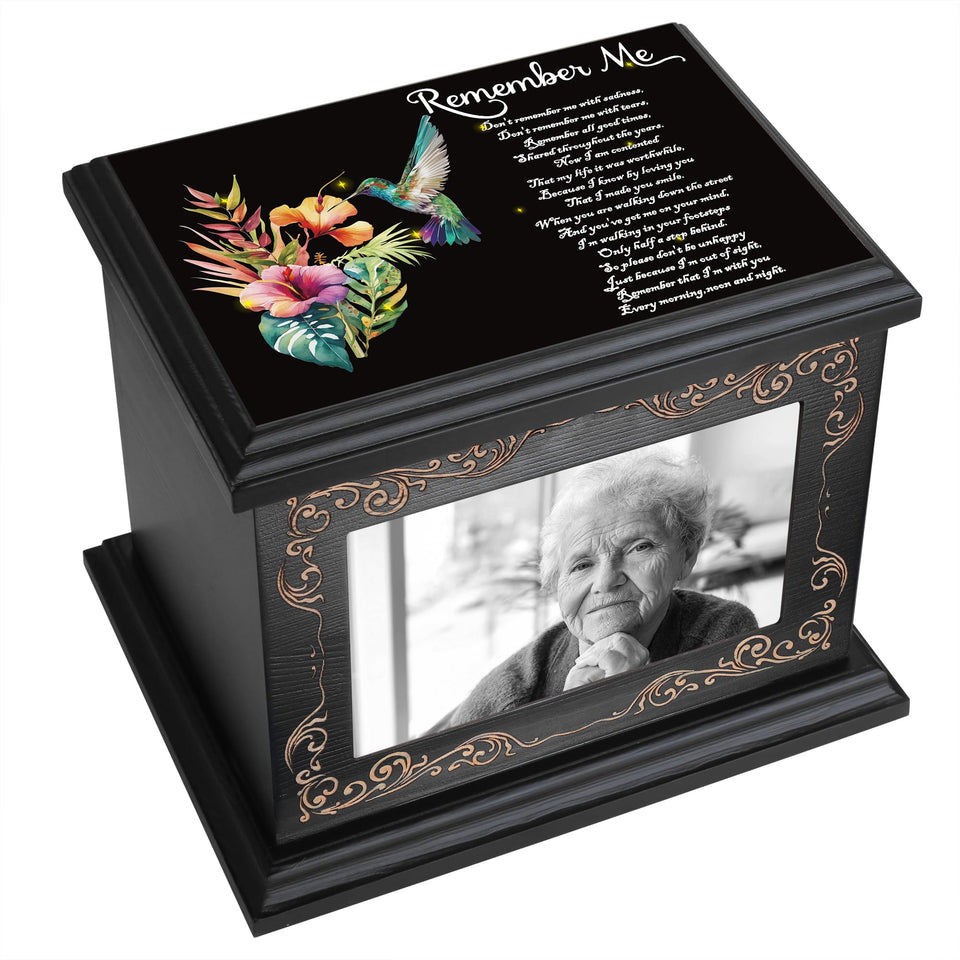 ADMLC cremation urn with wooden frame front showcasing a cherished photo.