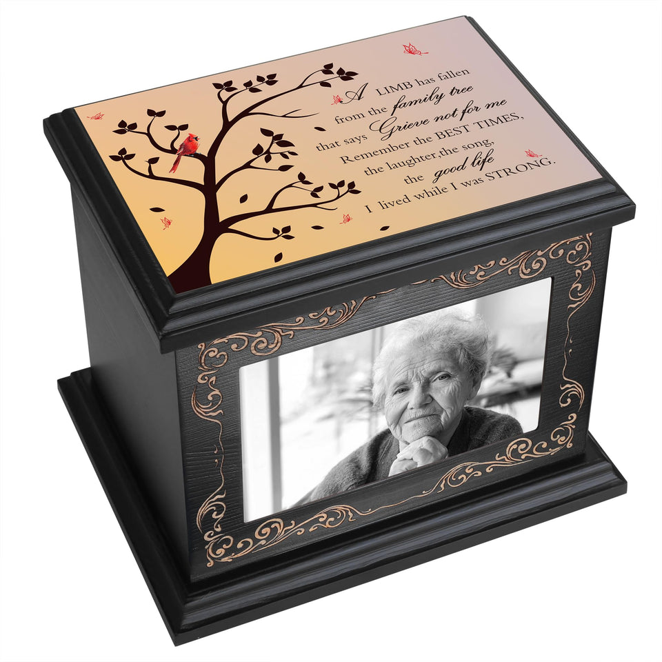 ADMLC cremation urn with wooden frame photo for personalized memorial.
