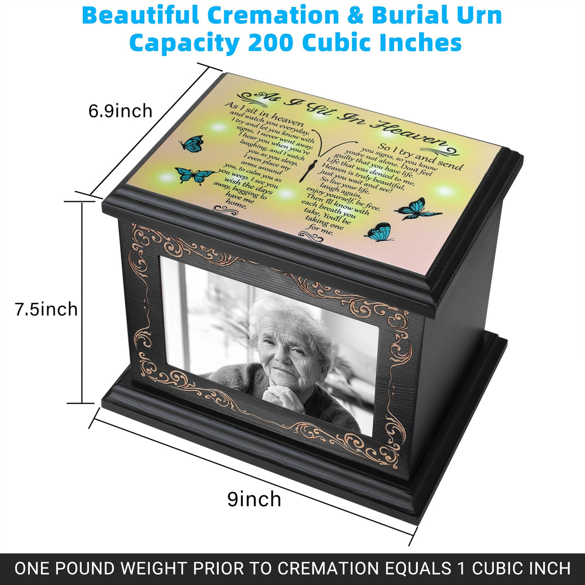 ADMLC urn with 200 cu in capacity and secure bottom screws for safe ash containment.