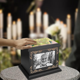 ADMLC urn dimensions 9 by 6 by 7.5 inches for adult memorial needs.