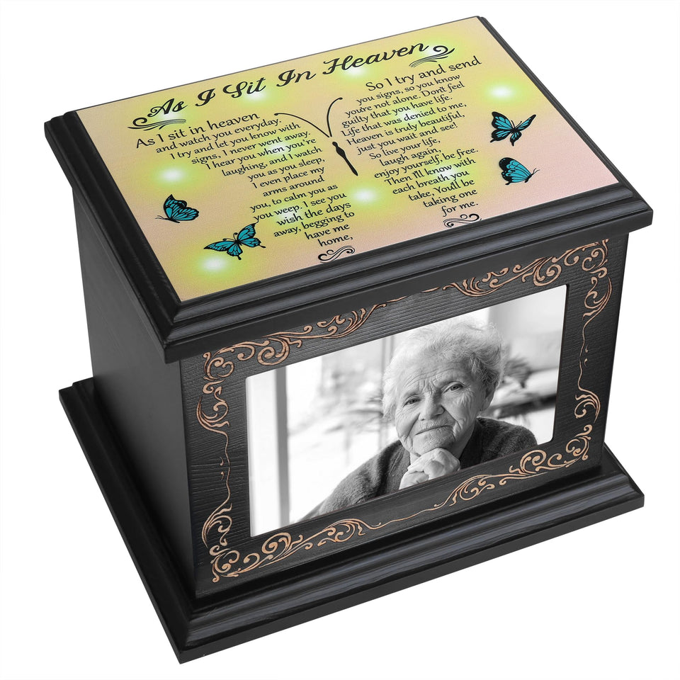 ADMLC urn with a wooden photo frame on the front for a personalized memorial.