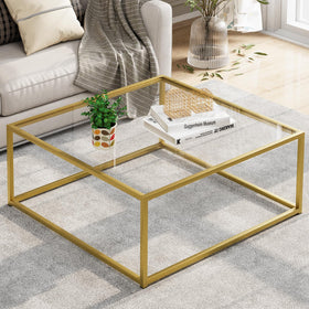 Adompacat glass coffee table top view showing clear surface and sturdy build.