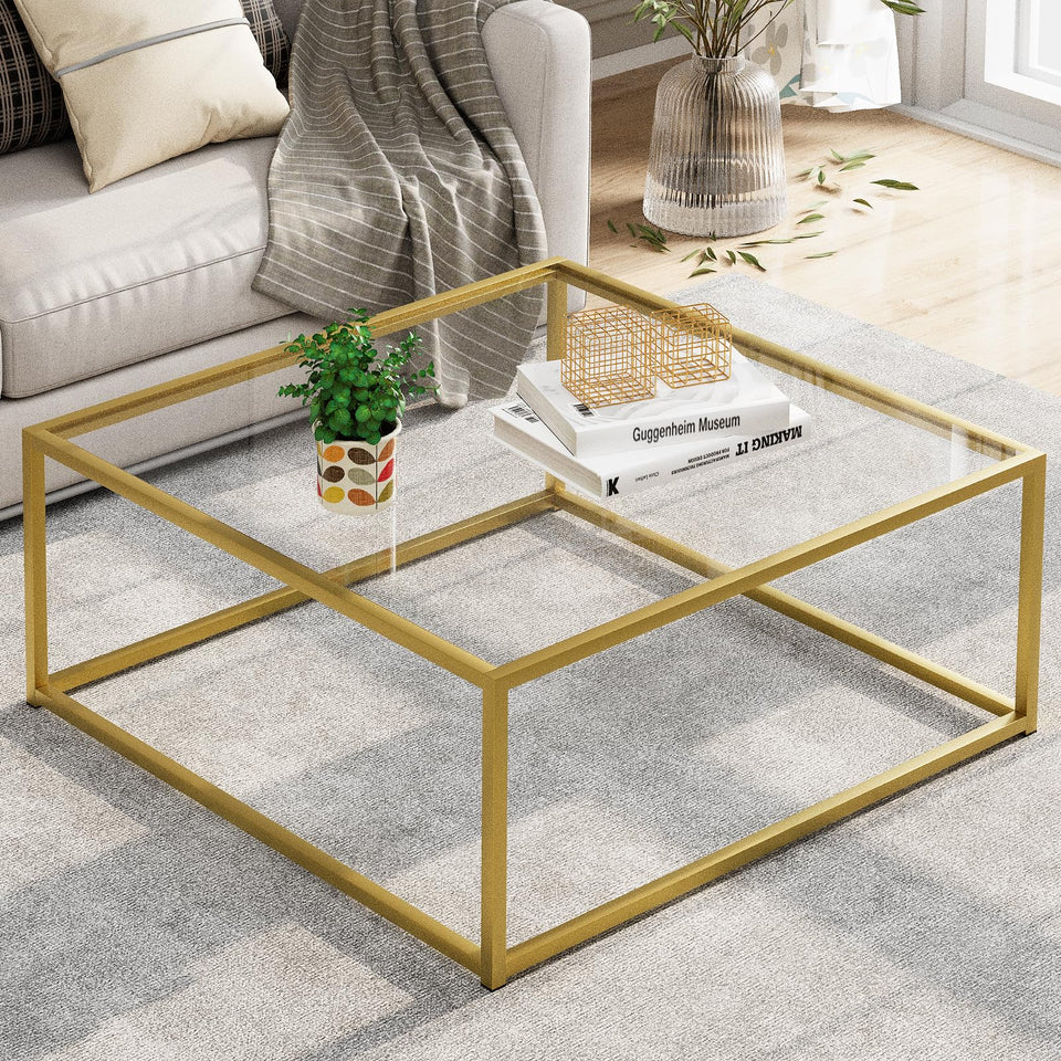 Adompacat glass coffee table top view showing clear surface and sturdy build.