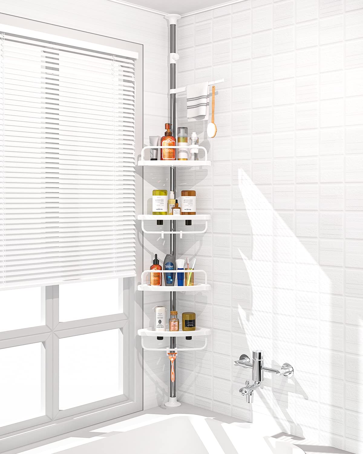 ADOVEL 4-layer corner shower caddy installed in a shower corner for organized toiletries