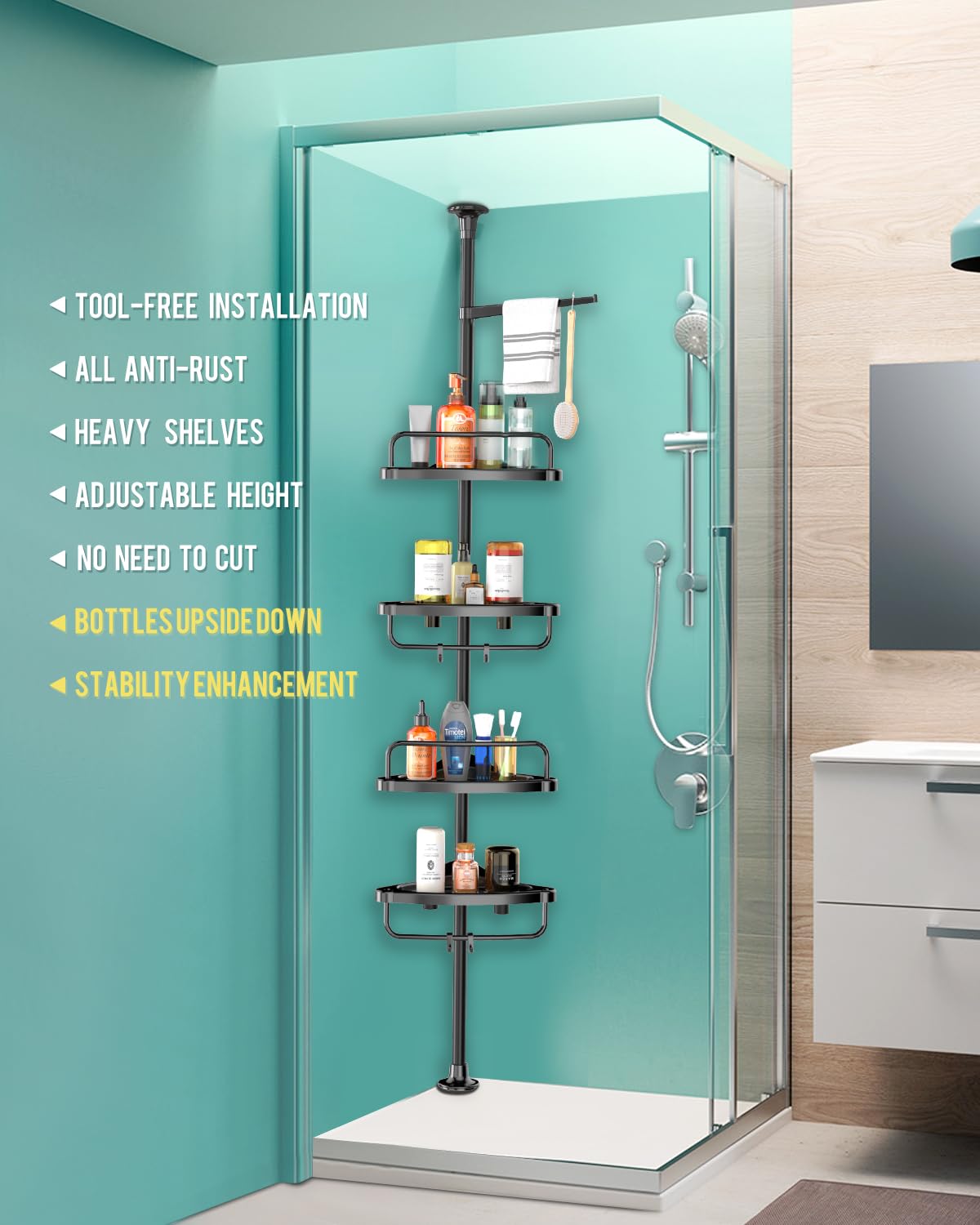 ADOVEL stainless steel pole offers adjustable, sturdy bathroom support.