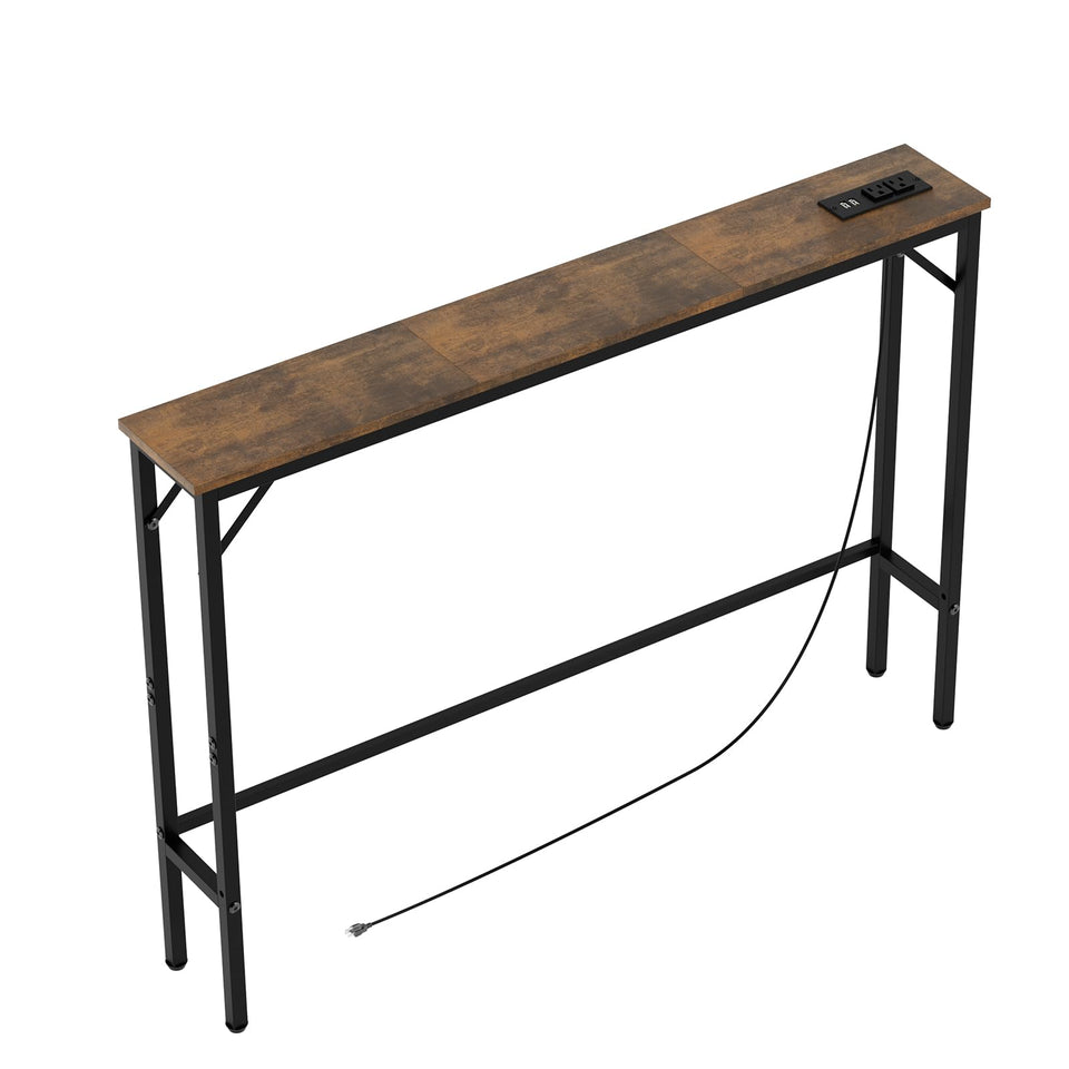 Aduanbang 59-inch-depth console table with outlet shown in a living room for convenient charging.