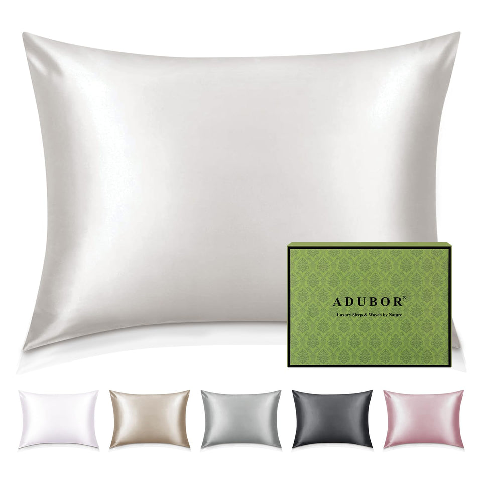 Adubor Silk Pillowcase ivory front view highlights premium mulberry silk texture for smooth sleep