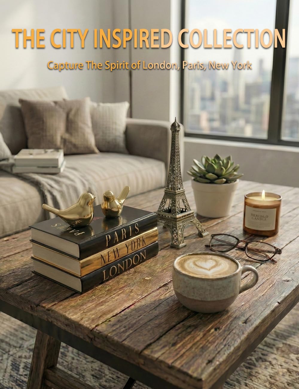 ADUN Stationery stack on a coffee table create a sophisticated horizontal vignette.
