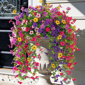 ADXORA 8pcs artificial hanging flowers with eucalyptus for outdoor décor, UV resistant.