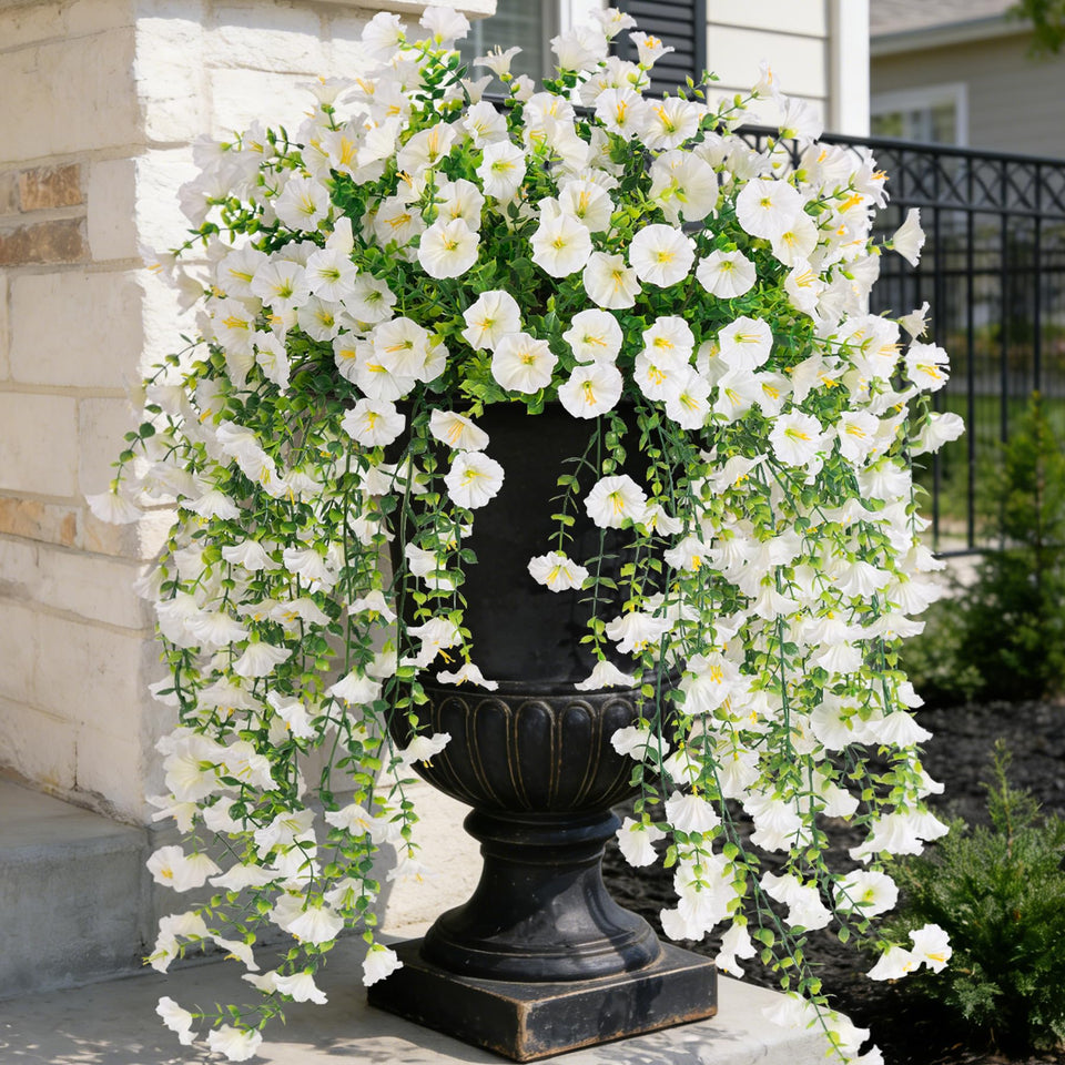 ADXORA fake hanging morning glory flowers with eucalyptus for outdoor planters—low maintenance color all year.