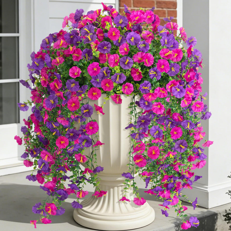 ADXORA fake morning glory hanging flowers with eucalyptus for year-round porch color.