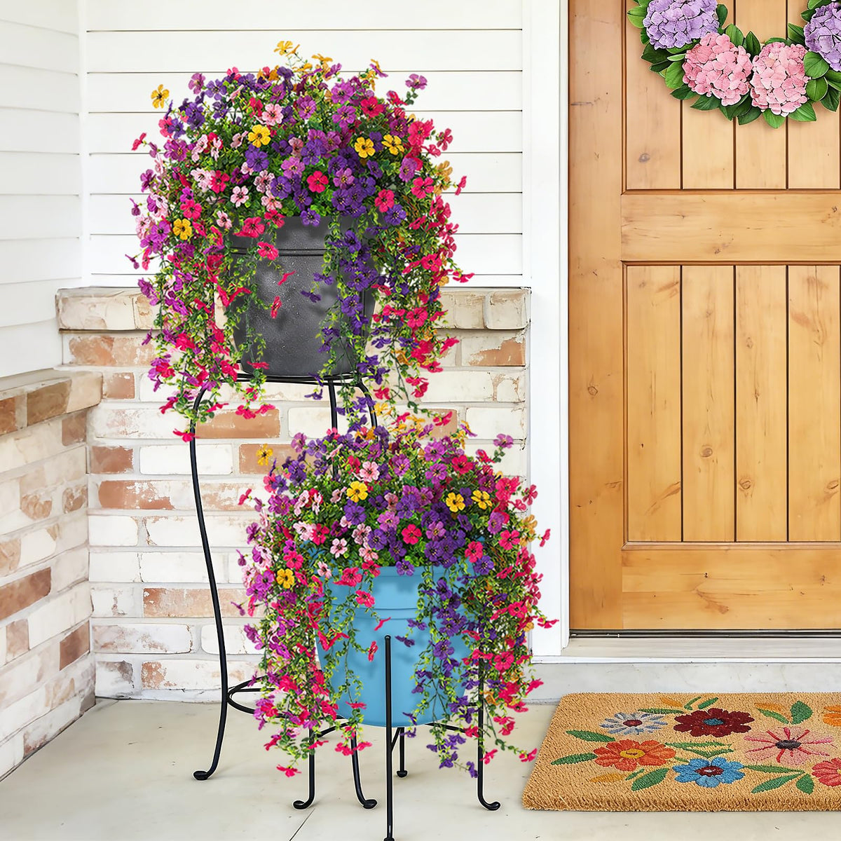 ADXORA front door decor with artificial flowers and eucalyptus accents.