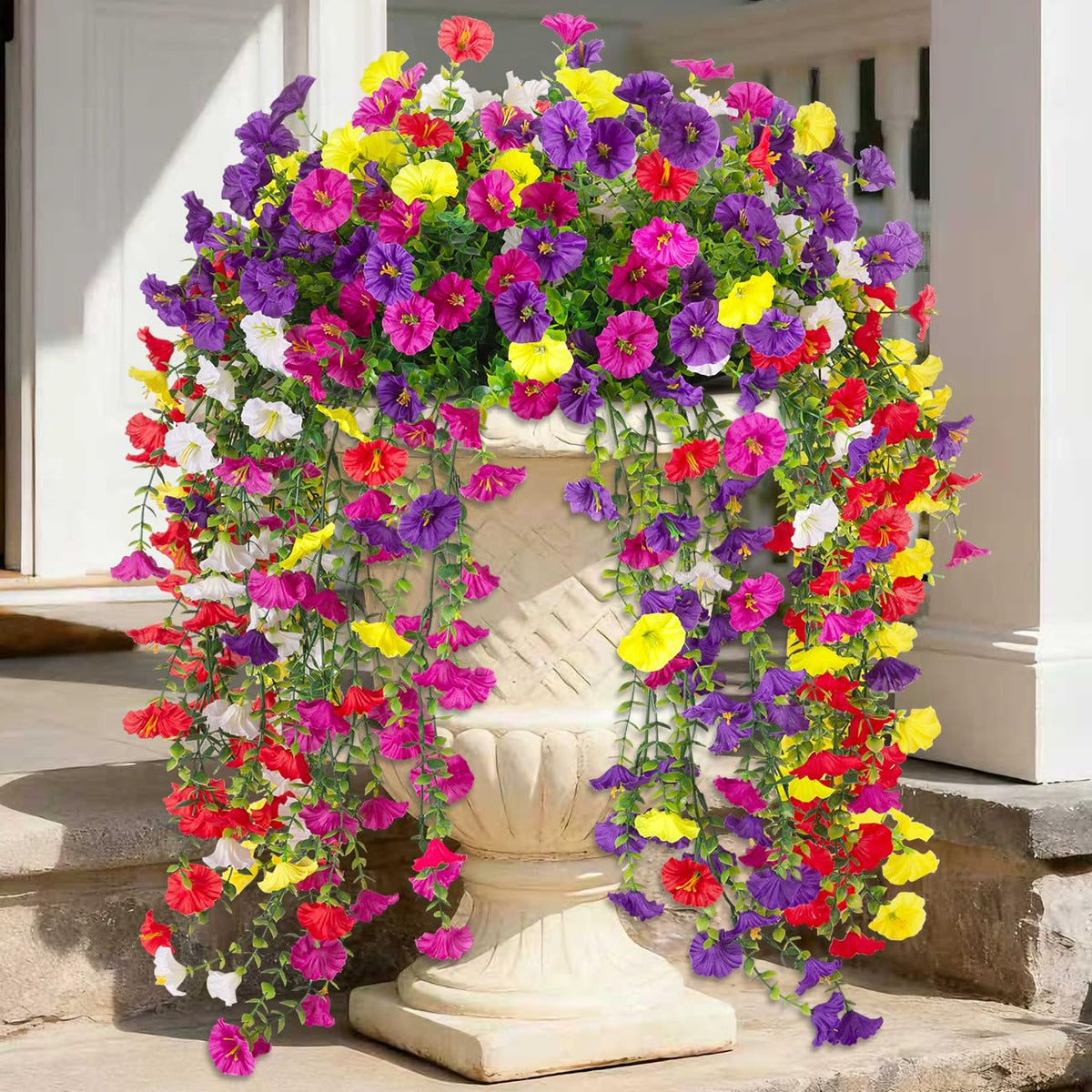 ADXORA morning glory hanging flowers with eucalyptus offer durable outdoor color year-round.