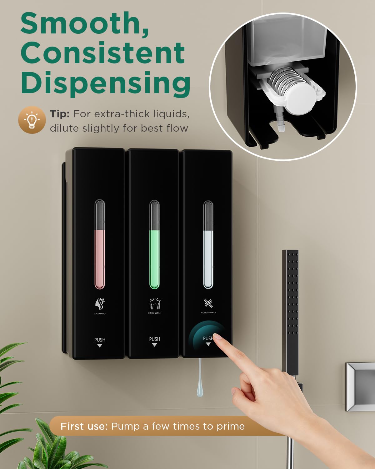 Aeakey three-chamber dispenser with clear windows for quick level checks.