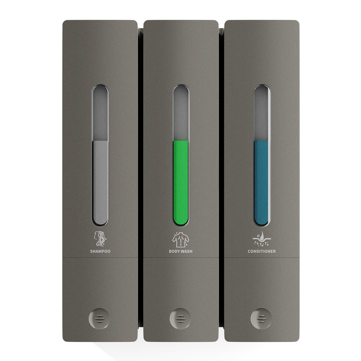 Aeakey shampoo dispenser front view with three labeled chambers for easy refills.