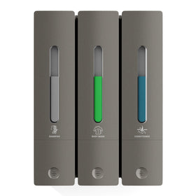 Aeakey shampoo dispenser front view with three labeled chambers for easy refills.