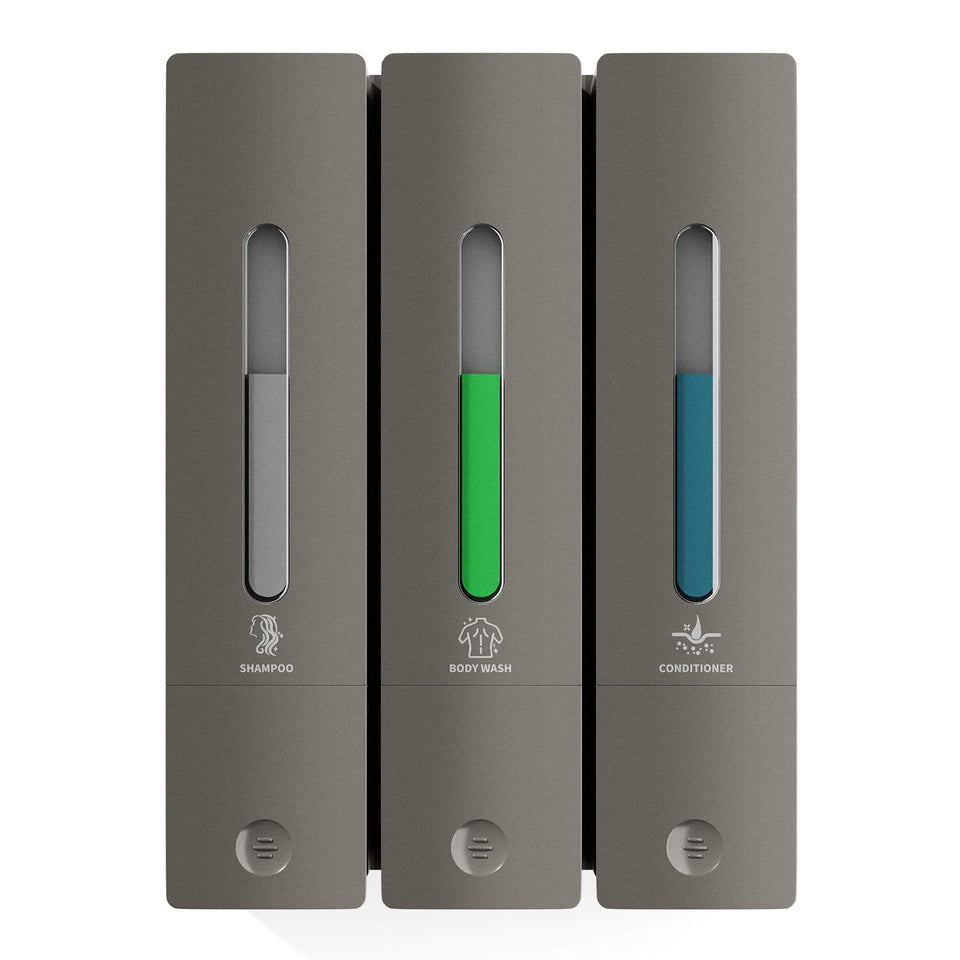 Aeakey shampoo dispenser front view with three labeled chambers for easy refills.