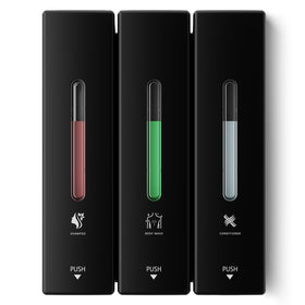 Aeakey wall-mounted three-chamber shampoo dispenser front view, showcasing organized shower storage.