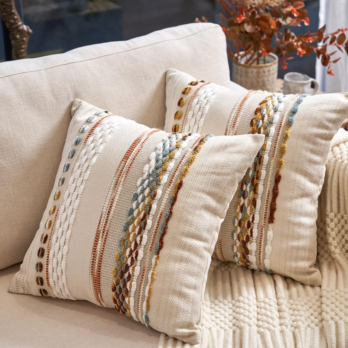 Aeckself soft fabric pillow cover front view shows versatile neutral design.
