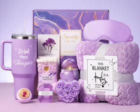 Aeenr birthday gift basket visually arranged with cozy tumbler and blanket for a thoughtful surprise