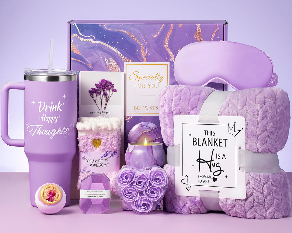 Aeenr birthday gift basket visually arranged with cozy tumbler and blanket for a thoughtful surprise