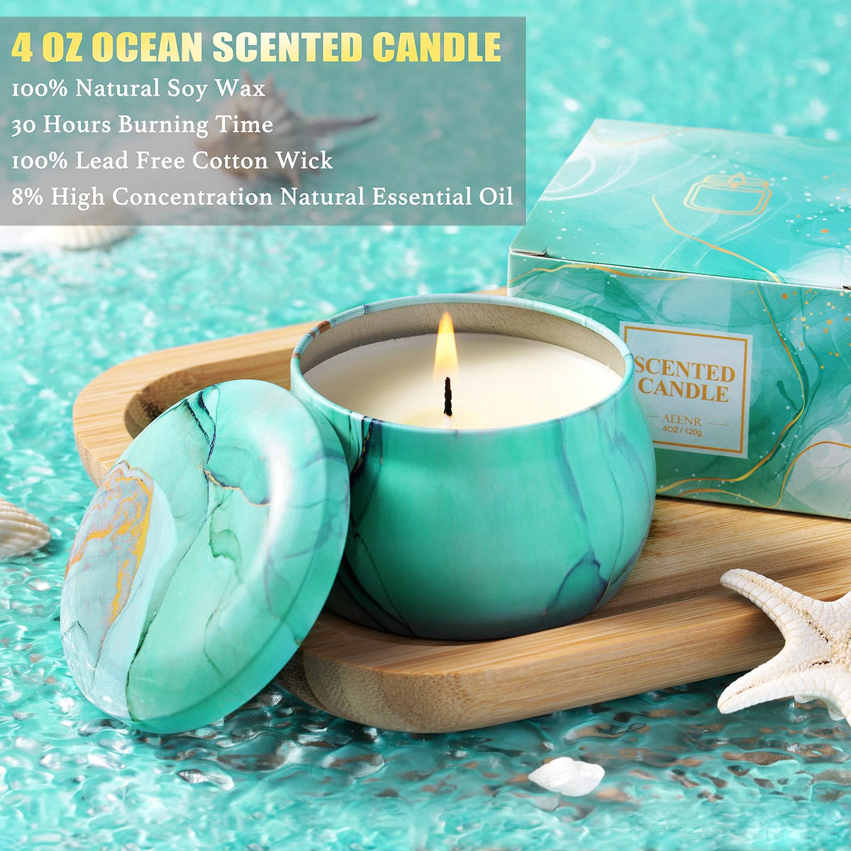 Aeenr ocean-scented candle filling the room with a calming aroma.