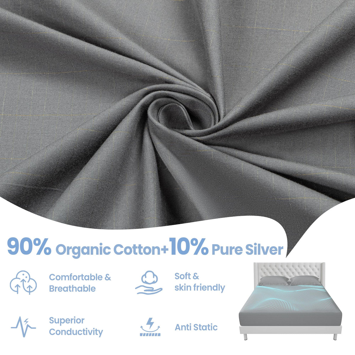 Aekenr grounding sheets gray queen on bed demonstrating fit and convenient sleep surface