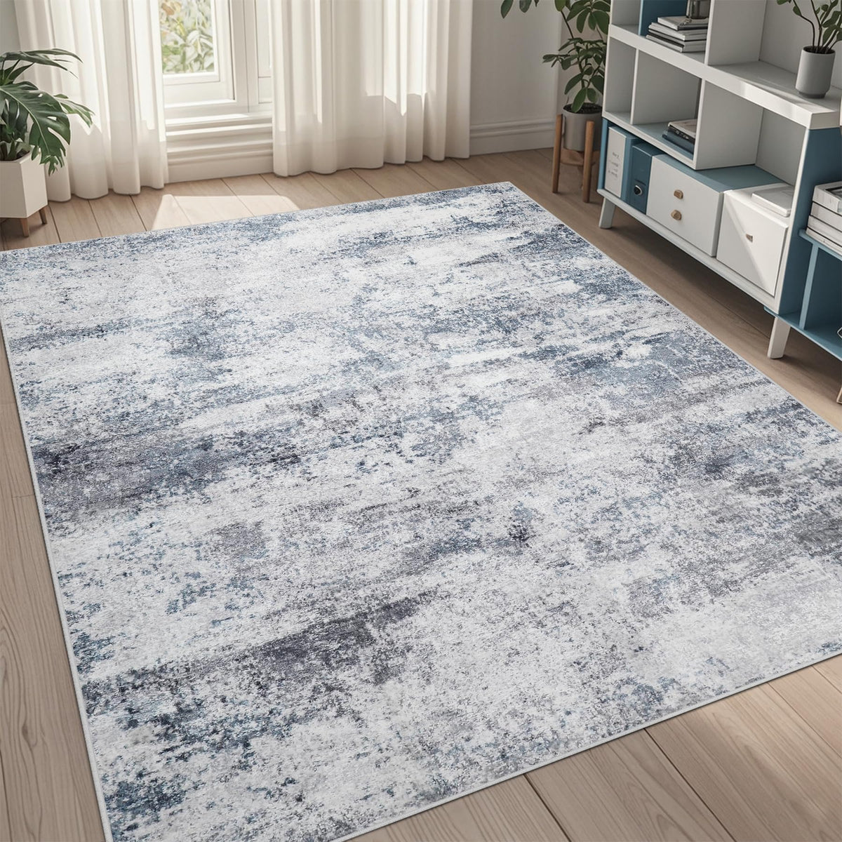 Aelenmu 5x8 area rug with blue-grey abstract pattern for elegant living room decor.