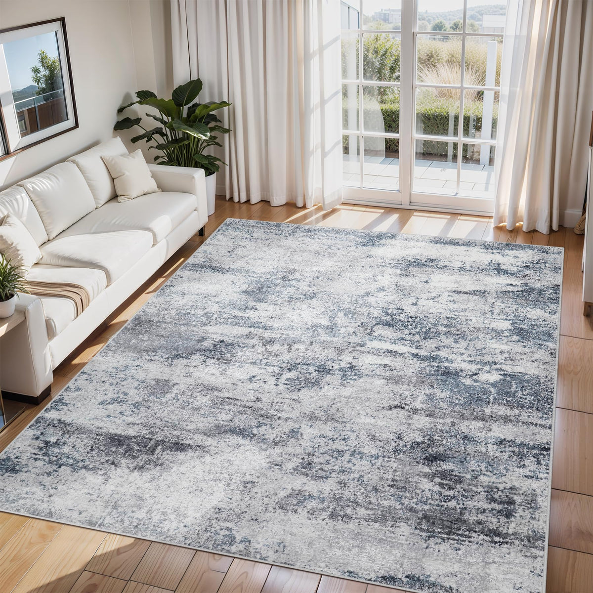Aelenmu 6x9 abstract rug in blue-gray tones, ideal for high-traffic living rooms.