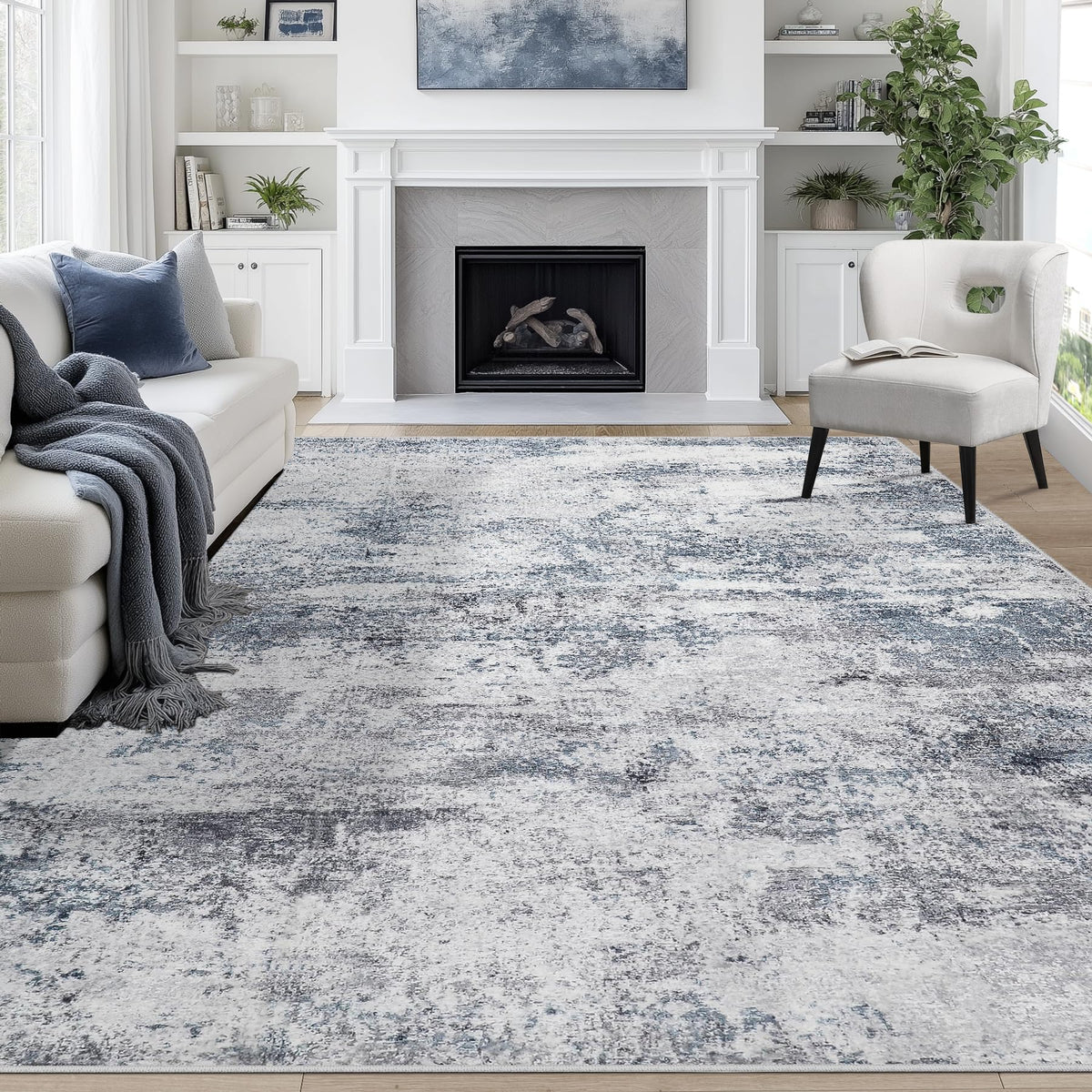 Aelenmu 8x10 area rug with abstract blue-grey design for soft, durable living room comfort.